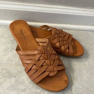 Tan Open Toe Sandals with Woven Design and Flat Sole
